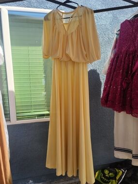 Vintage Elegant Yellow Maxi Dress with Sheer Overlay